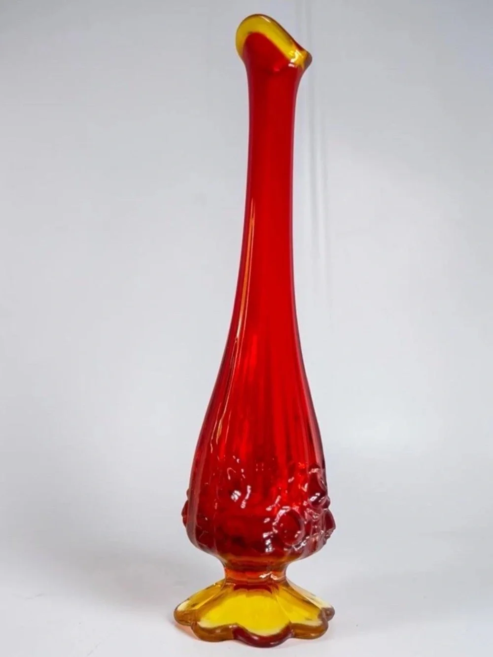 Vintage Mid Century Amberina Swung Glass Vase MCM Orange Floral